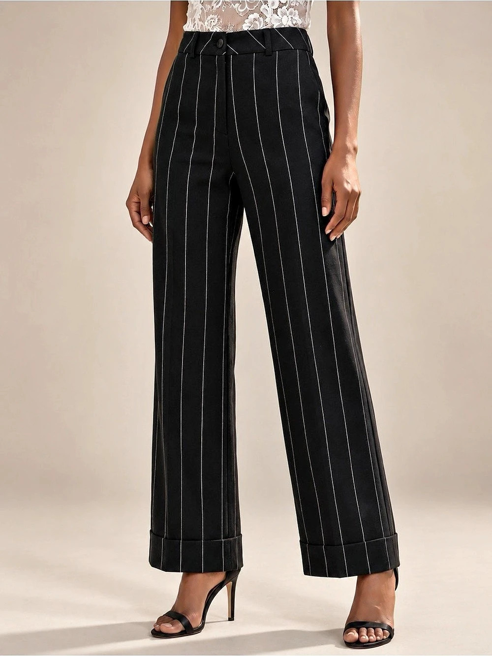 Vintage Y2K Star City Black Pinstripe Office Siren Wide Leg Cuffed Trousers Sz 1
